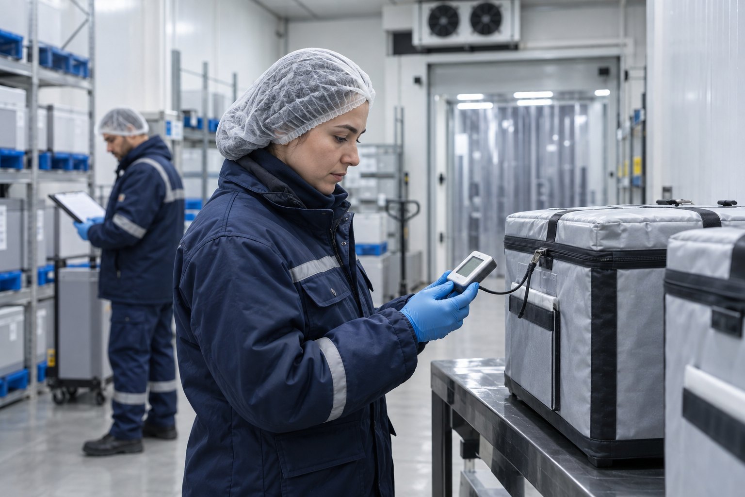 Especialista verifica un registrador de temperatura en una operación de cadena fría farmacéutica