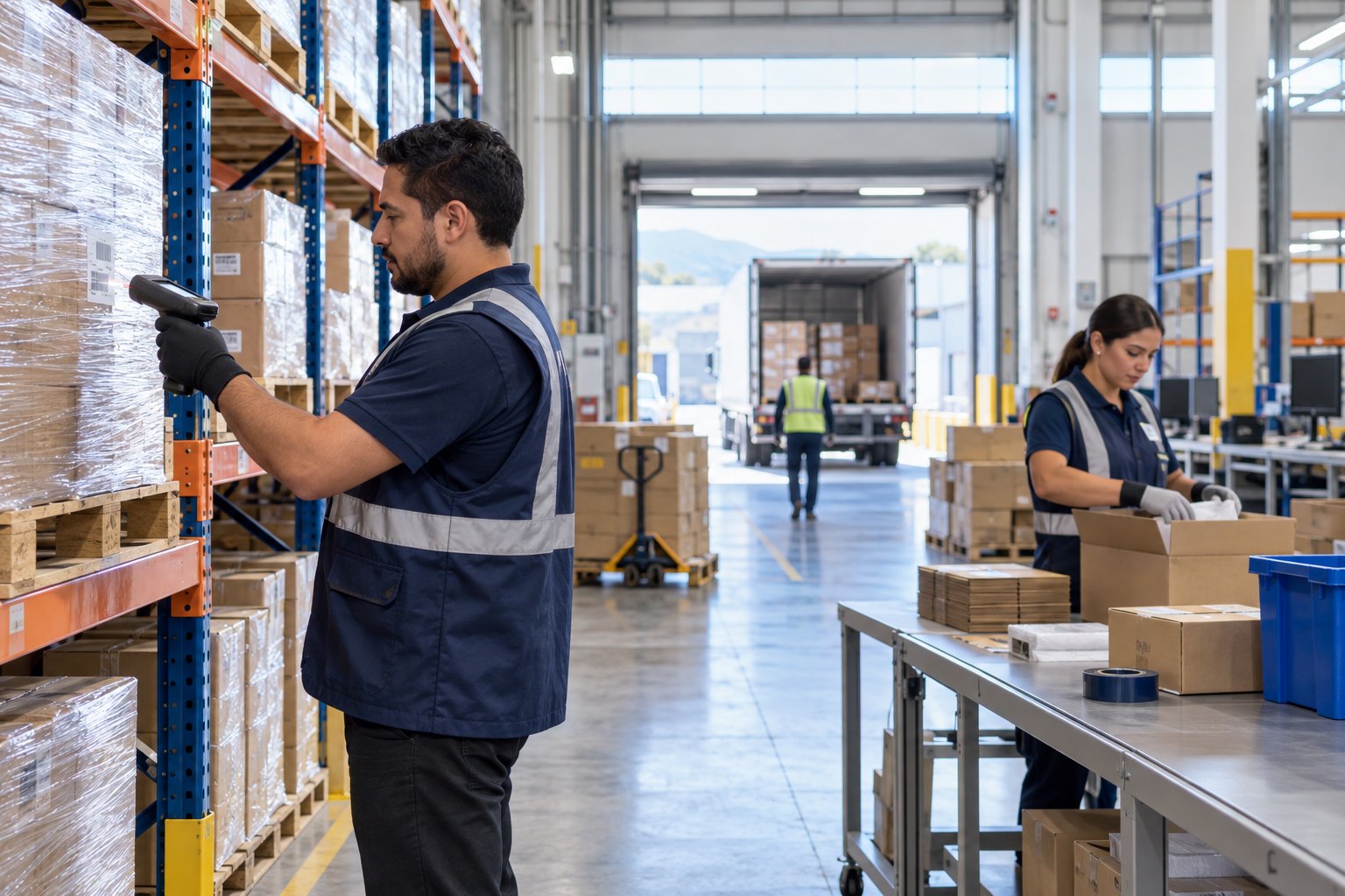 Especialistas de operación 3PL controlan inventario y preparan pedidos en un centro de distribución
